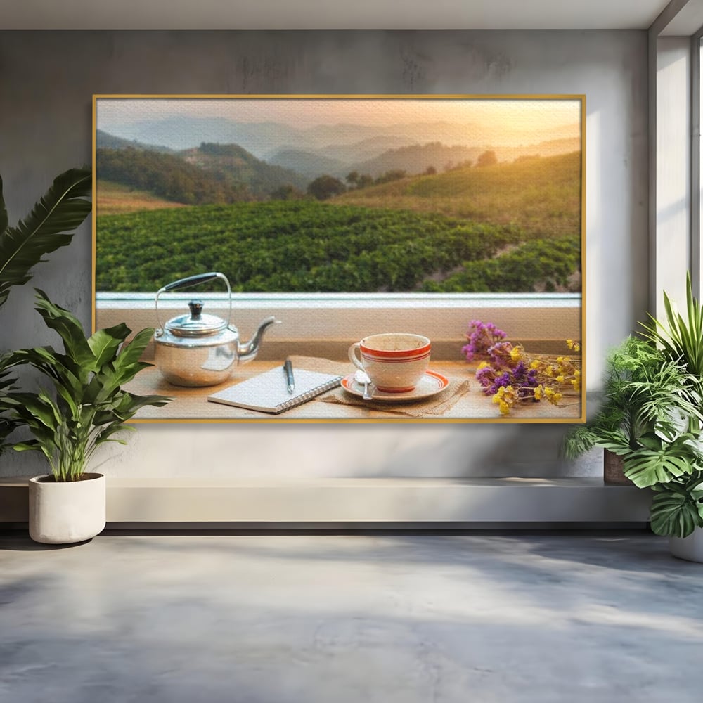Tablou canvas cu tablou canvas cu peisaj matinal si ceainic pe pervaz, in rama de aluminiu auriu